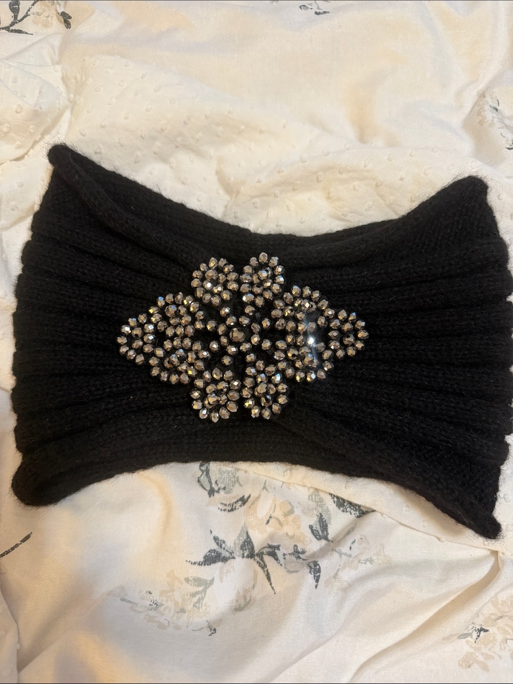 Black Knit Headband with Crystal Cluster Accent